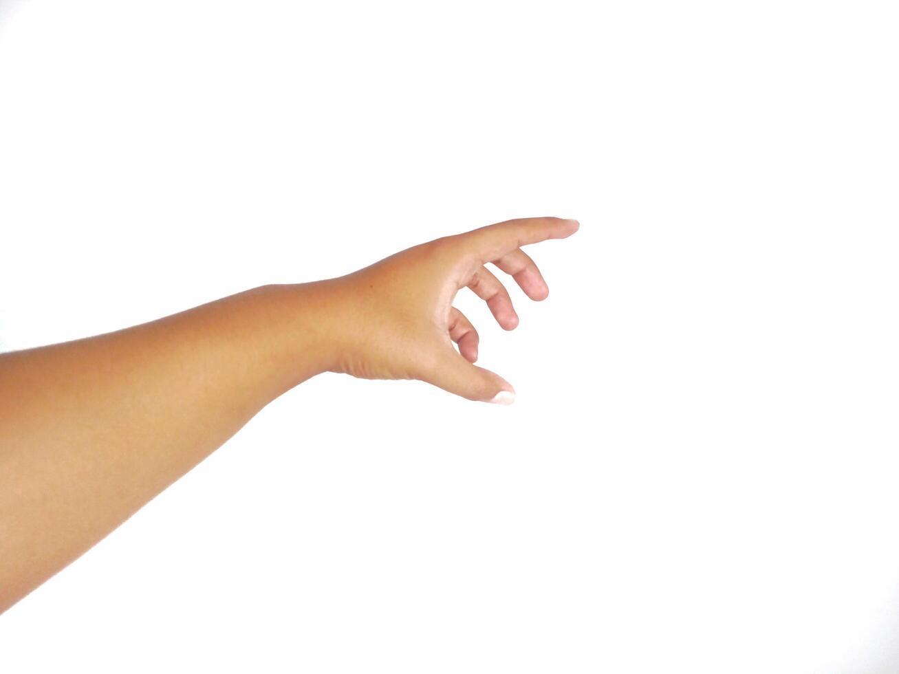 Hand gesture grab sign, hand grab empty space gesture. Human hand in picking gesture isolate on white background photo