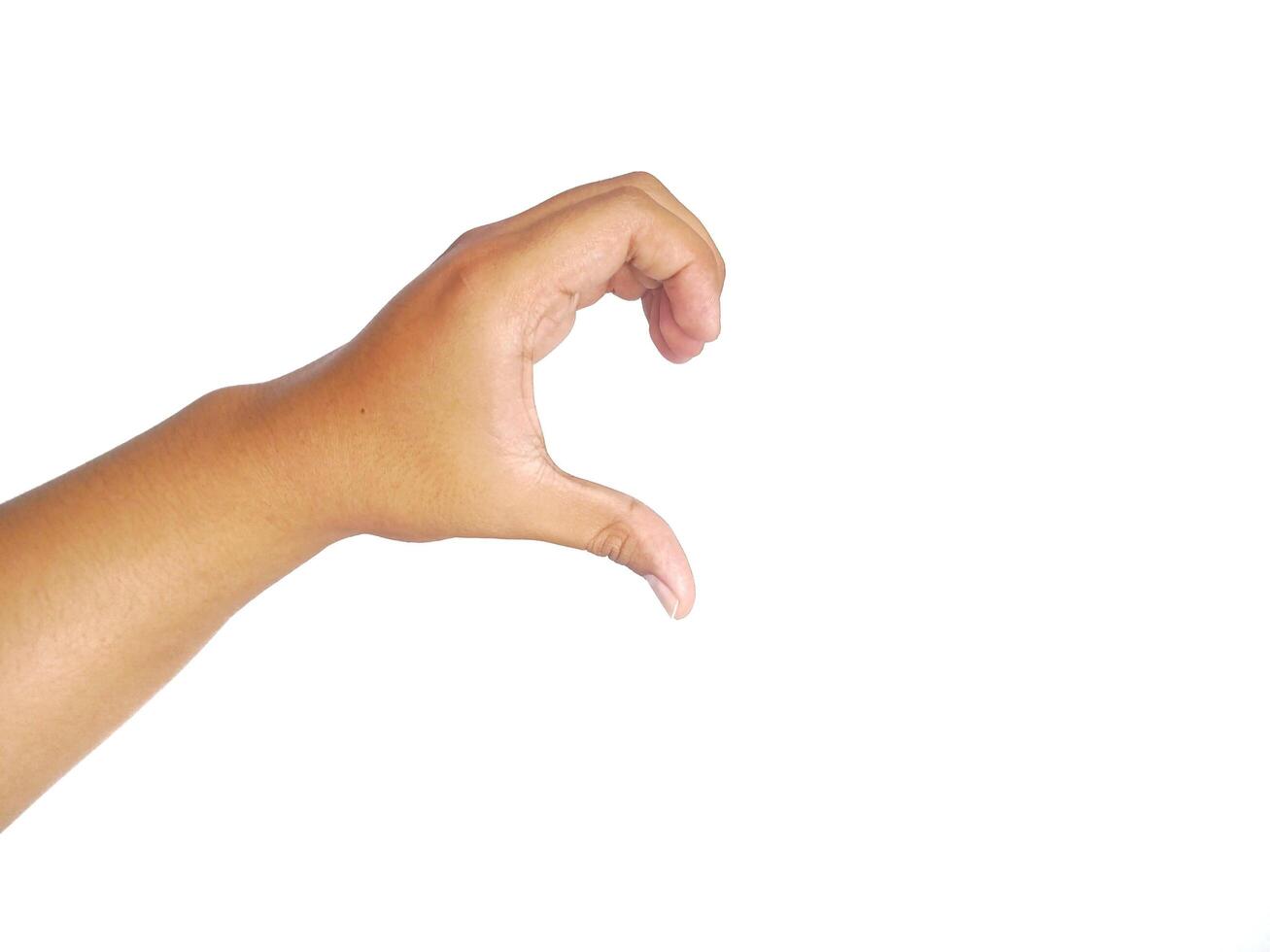 Closeup of male asian hand isolated on white background. Young man forming shape of half of heart with his fingers. Horizontal color photography. Point of view shot with copy space. photo