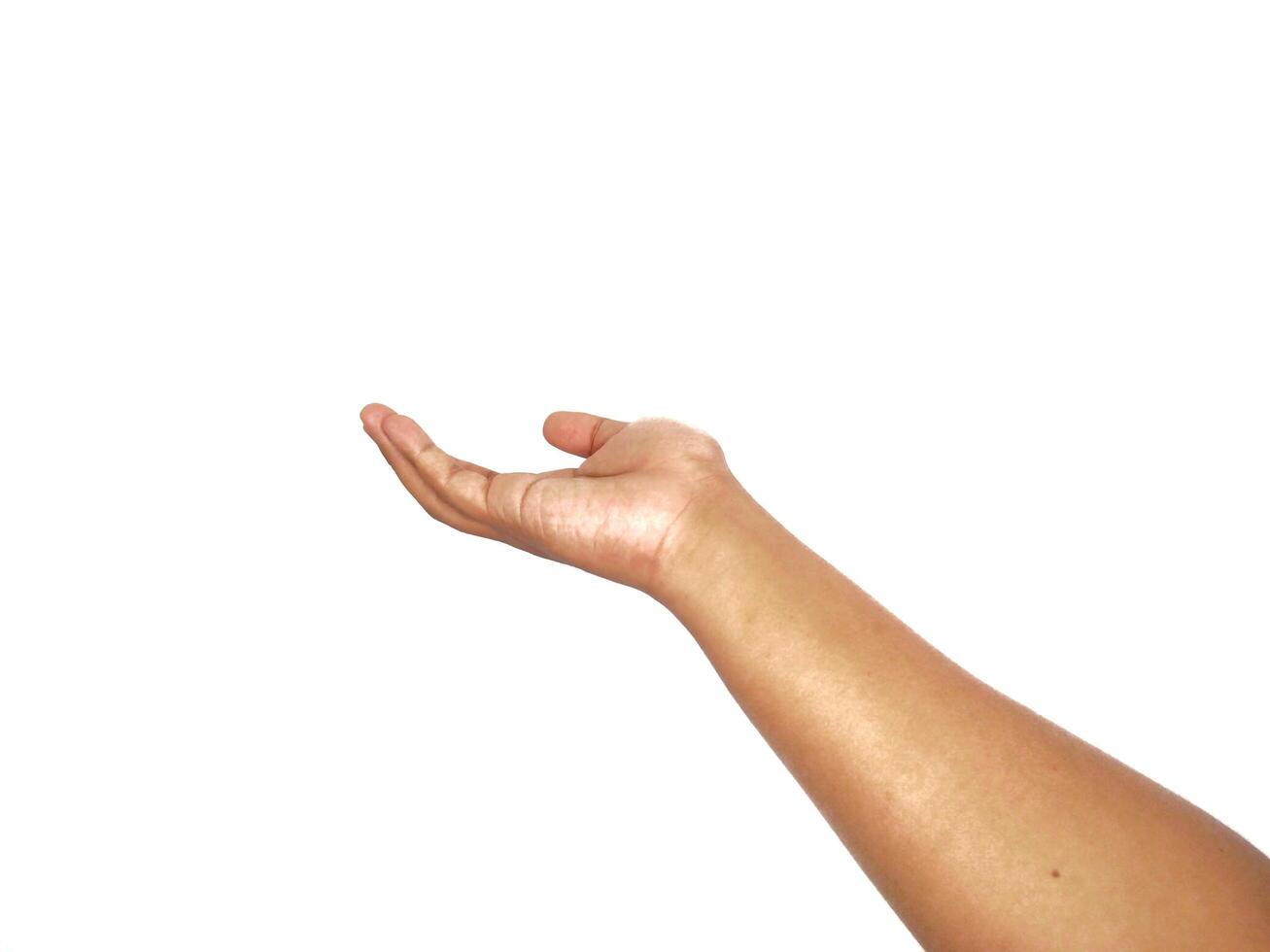 asking hand gesture with open palm an isolated white background. to ask something. pointing to copy space photo