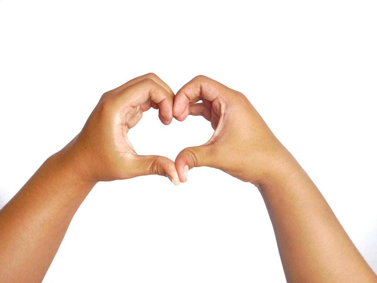 Closeup of male asian hand isolated on white background. Young man forming shape of full of heart with his fingers. Horizontal color photography. Point of view shot with copy space. Male hands gesture photo