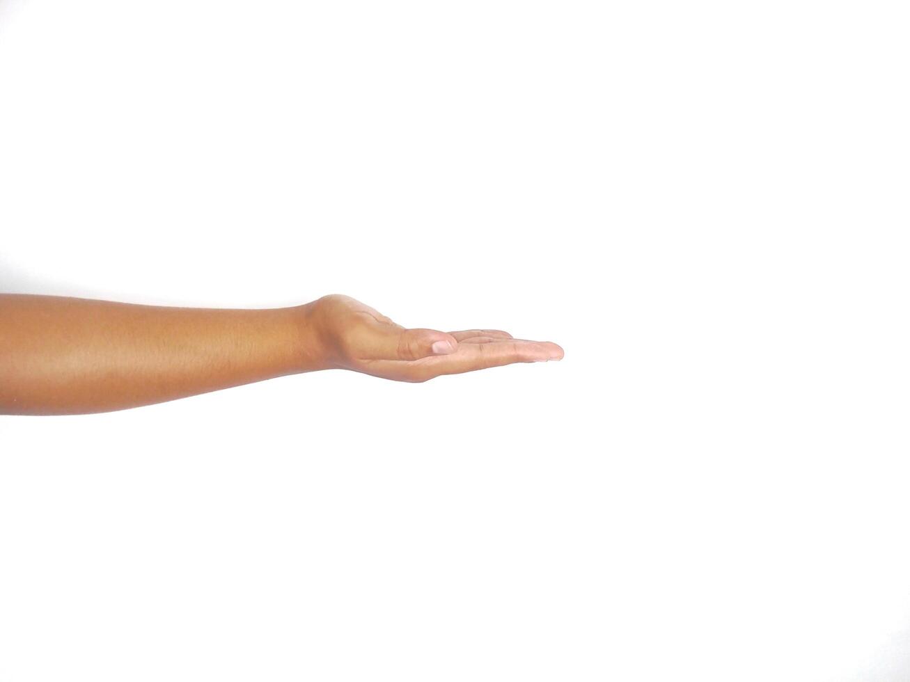 asking hand gesture with open palm an isolated white background. to ask something. pointing to copy space photo