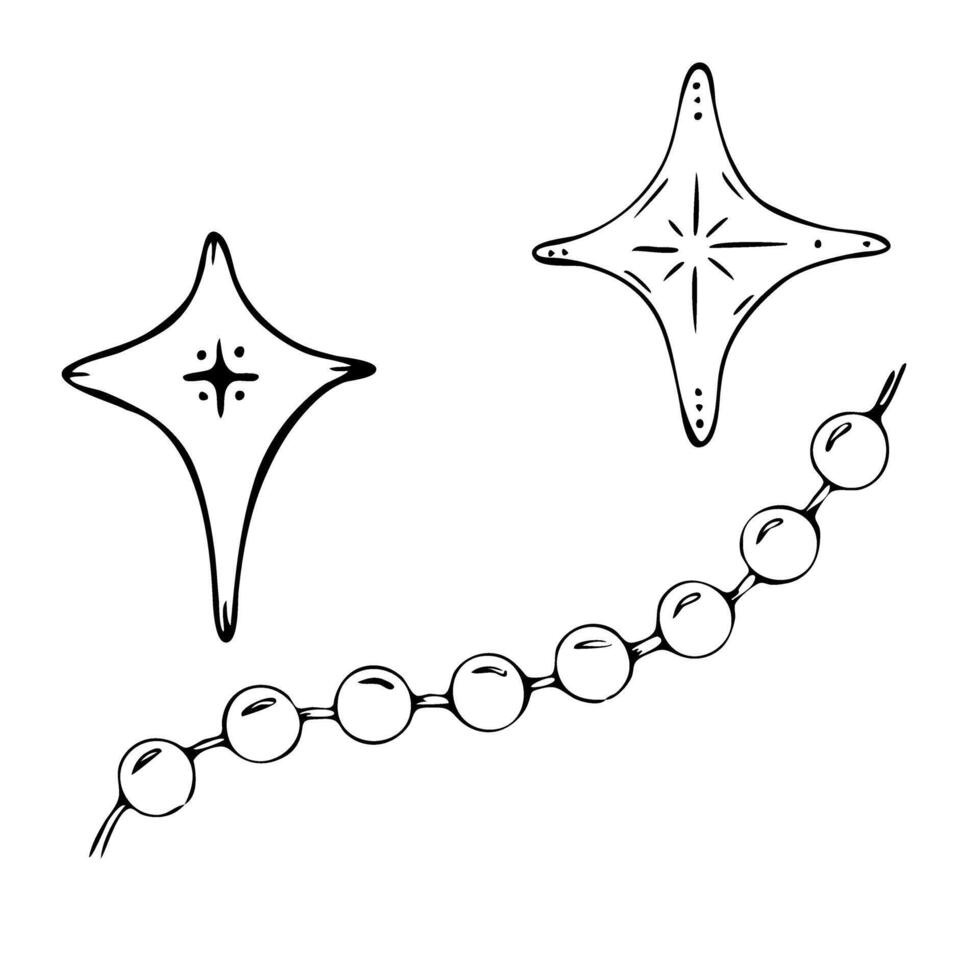 Set of Christmas decorations. Hand drawn illustration with stars. Design elements for greeting card or invitation. Black outlines, white background vector