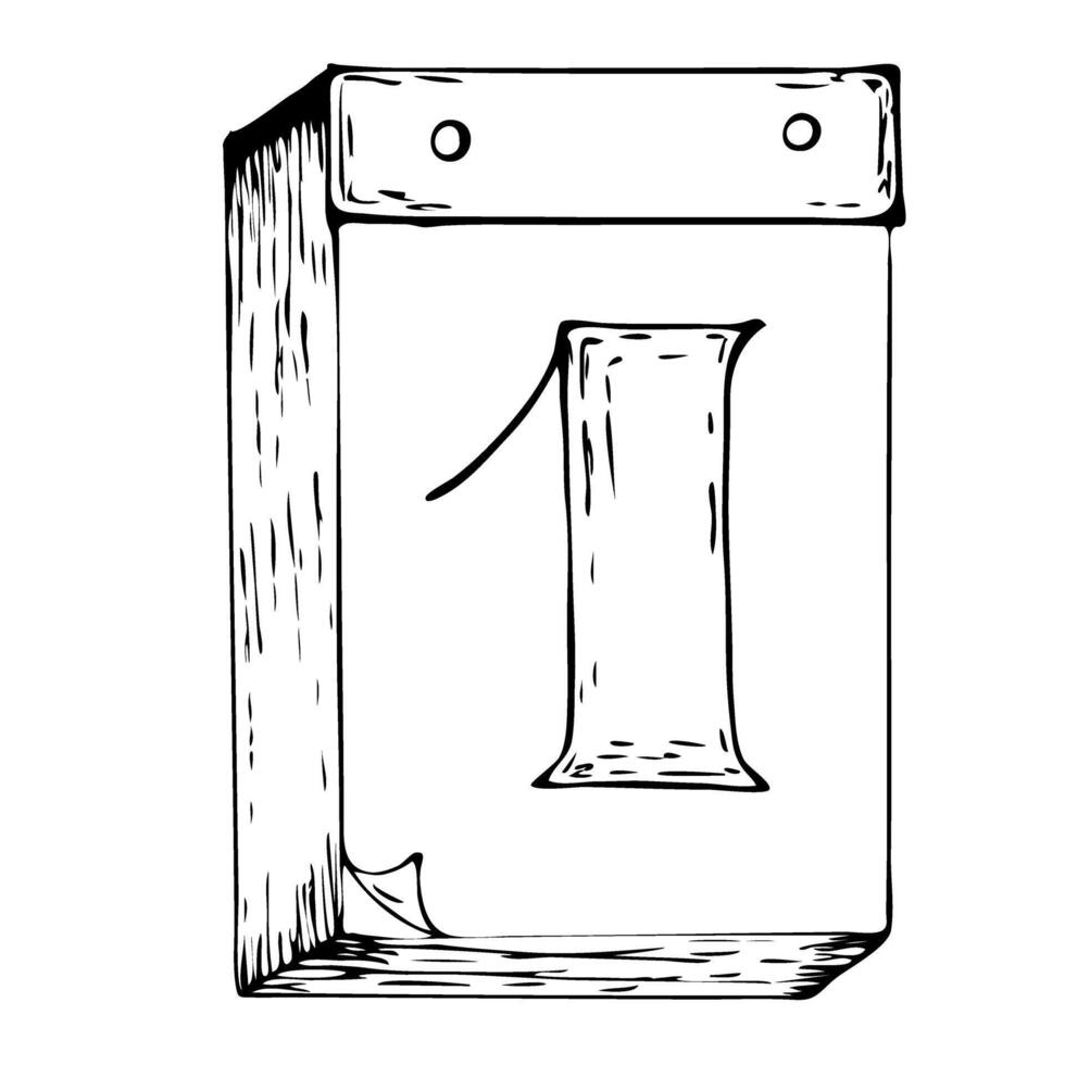 Tear-off calendar with number 1 on the first sheet. Symbol of the beginning of the year. Black and white vintage illustration. Happy New Year vector