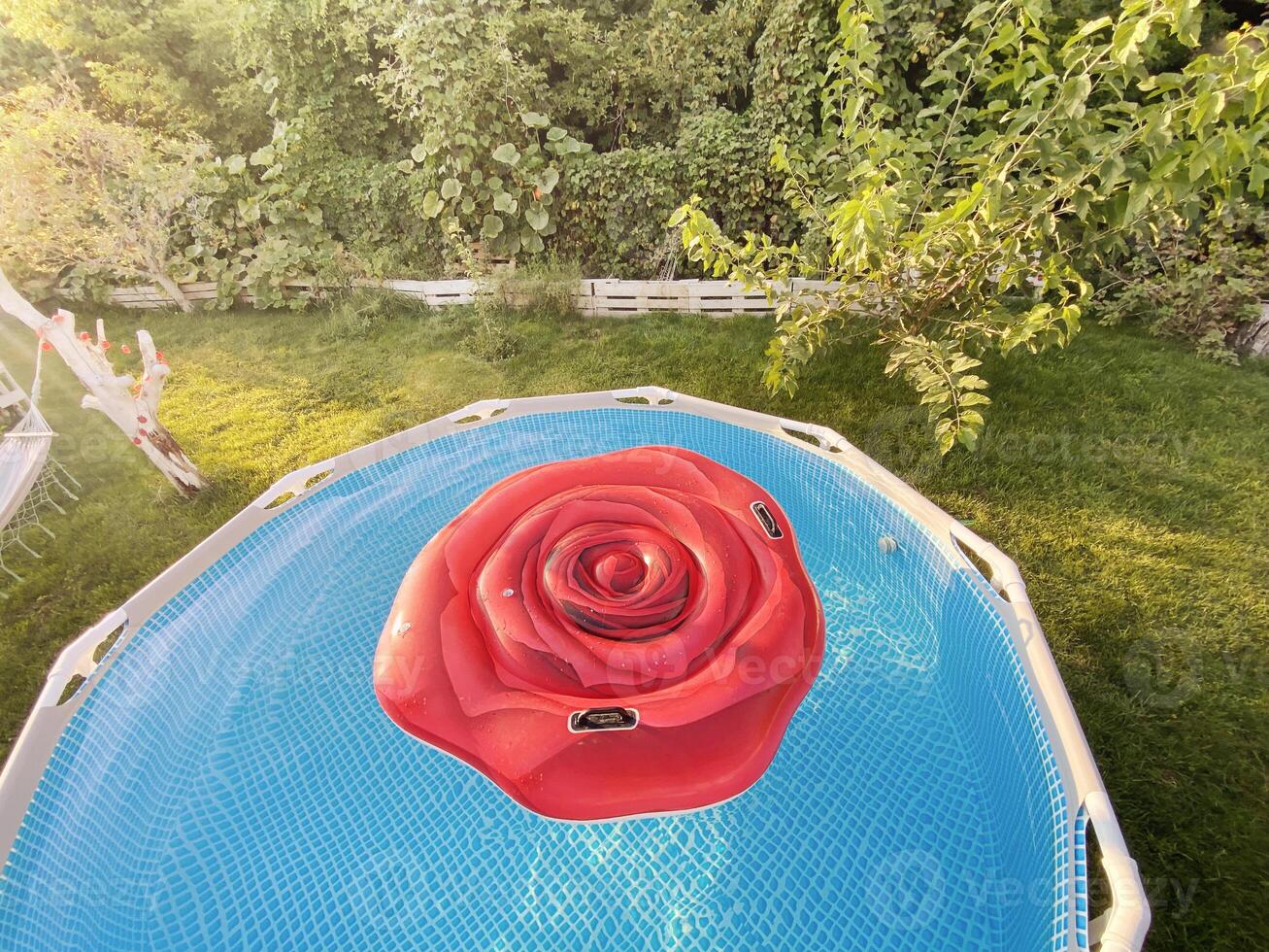 Frame pool with clear water for swimming in the garden in sunlight. Rest in a private house. photo