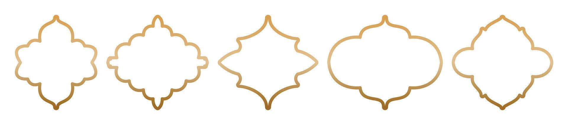 Ramadan gold window and door frames. Islamic arches with ornament. Arabesque and Turkish outline labels. Oriental design elements. decor set. Islamic architecture elements of window and door vector