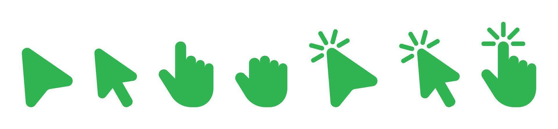 Mouse click cursor and loading icon for interface, computer, mobile app, animation or UI design. Mouse pointer green fill illustration on transparent background. Hand pointer symbol with finger vector