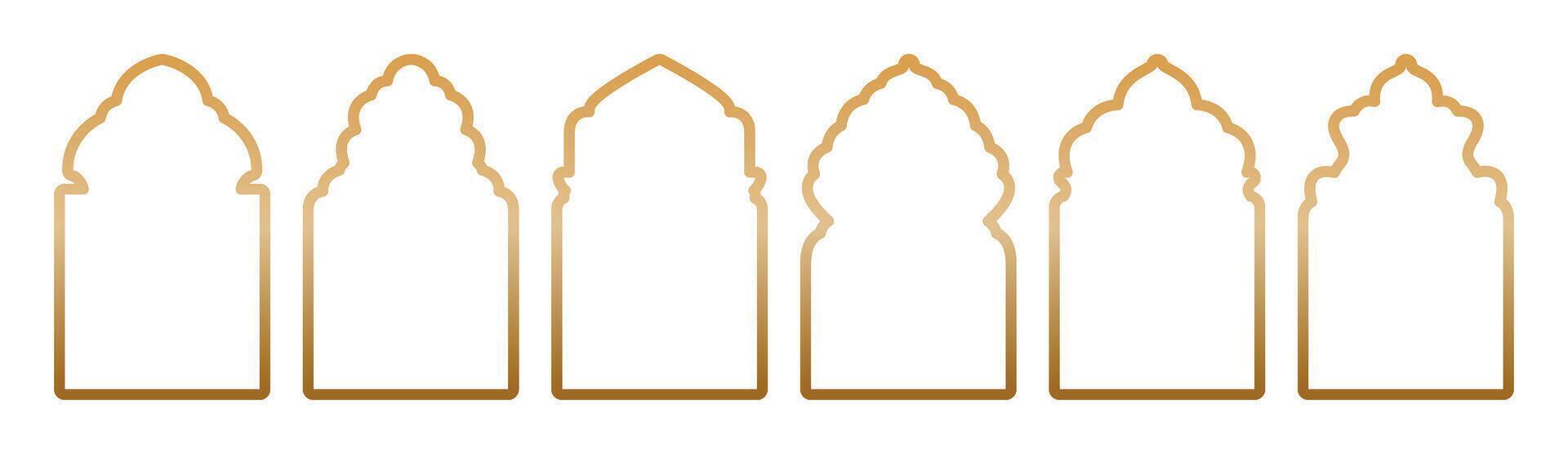 Set of golden Arabic windows and arch. Frames in Arabic Muslim design. Oriental style Islamic windows and arches. Islamic window shape. Arabic door frame. Islamic architecture elements of window door vector