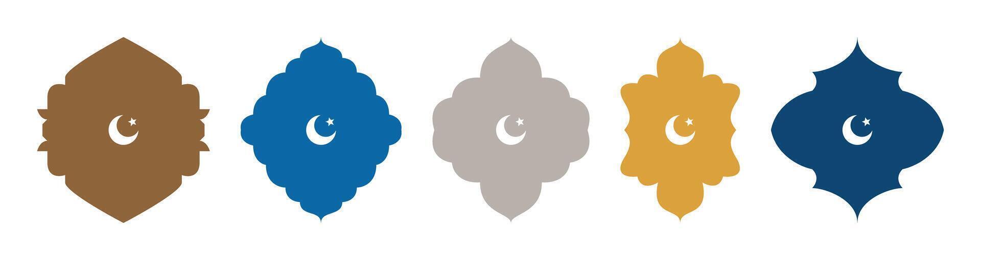 Shape Islamic window silhouette Arabic arch with crescent symbol. Collection of doors in oriental style. Frames in Arabic Muslim design for Ramadan Kareem. mosque gate isolated on transparent vector