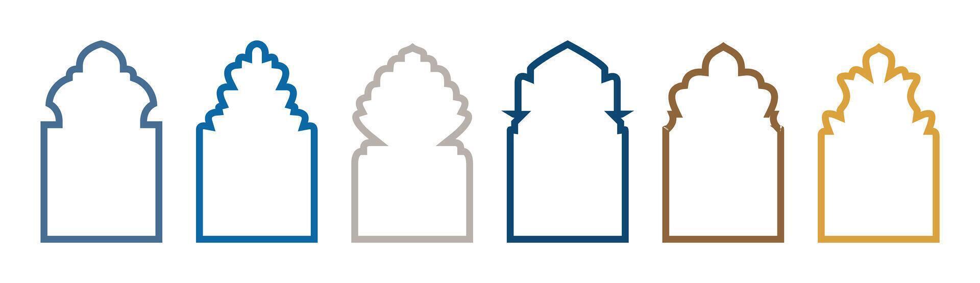 Set of Islamic frames shapes badges. set of Islamic Bagde. Arab frame oulone set. Traditional Moroccan, oriental design. Islamic window line shape collection. Arabic, Muslim architecture outline frame vector
