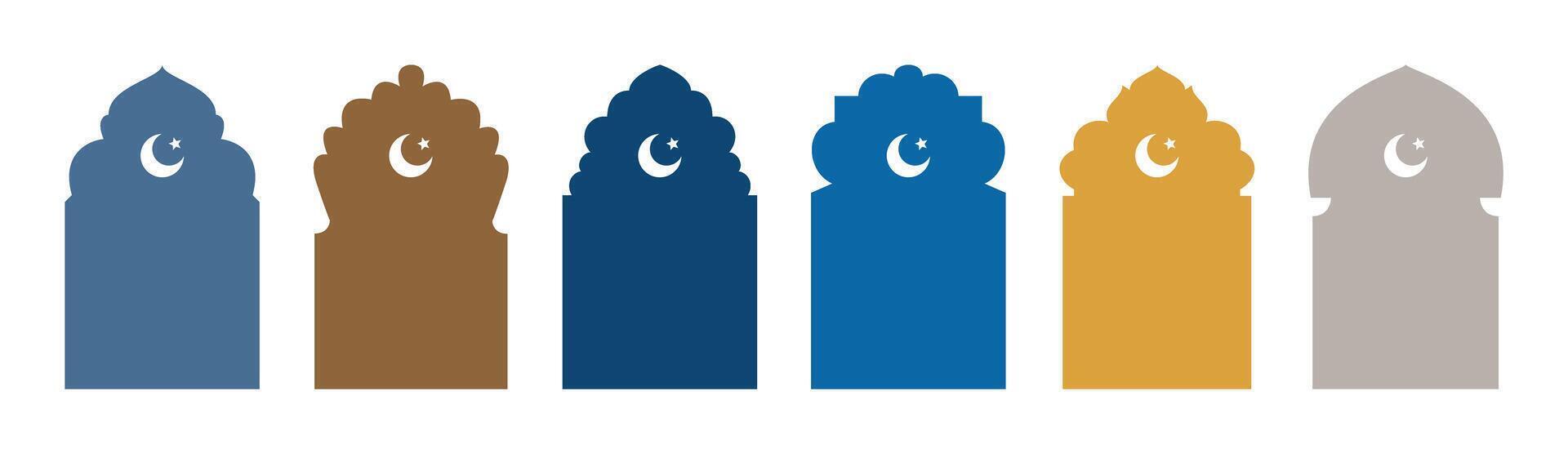 Islamic shape of door or window silhouette Arabic arch, crescent with star symbol. Collection in oriental style. Frames in Arabic Muslim design for Ramadan Kareem. Mosque gate shape on transparent vector