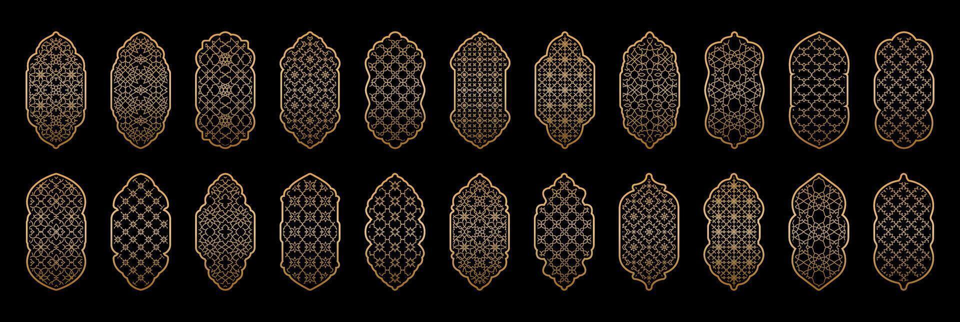 Gold gradient Arabic ornamental windows set. Islamic doors. arch, windows with Arabic pattern on black background. Mosque gate. Collection of patterns in oriental style. Frames in Arabic Muslim design vector