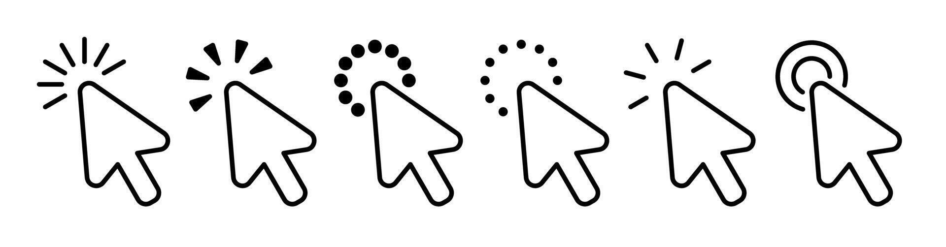 Computer mouse click cursor black stroke outline arrow icons set. Arrow cursor. Slanted mouse click cursor icons with loader. Click arrow pointer illustration. Loading icon cursor collection vector