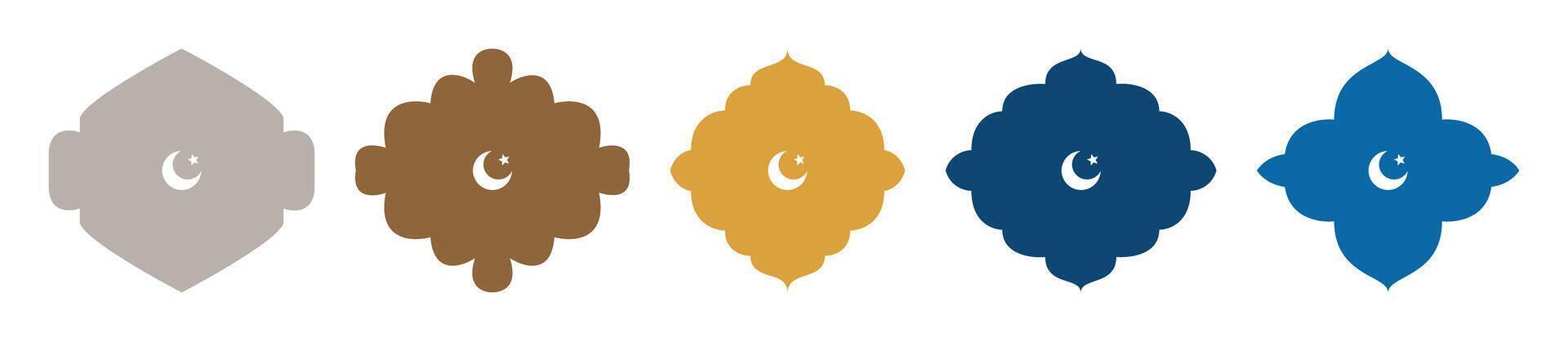 Collection of oriental flat style Islamic Ramadan Mubarak windows and arches with crescent. Ramadan illustration, badge, label sale promo modern design, door and window mosque, mosque dome, lanterns vector