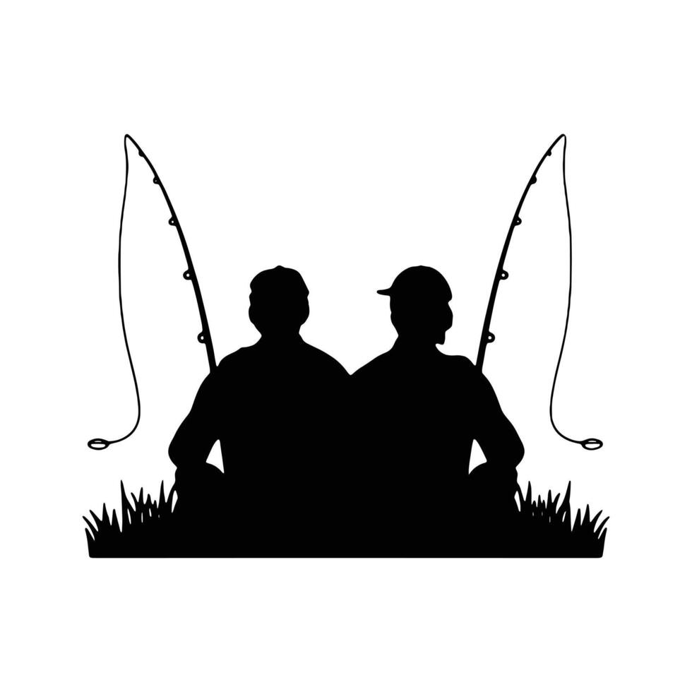 Silhouette of Two Friends Enjoying a Fishing Adventure Together vector