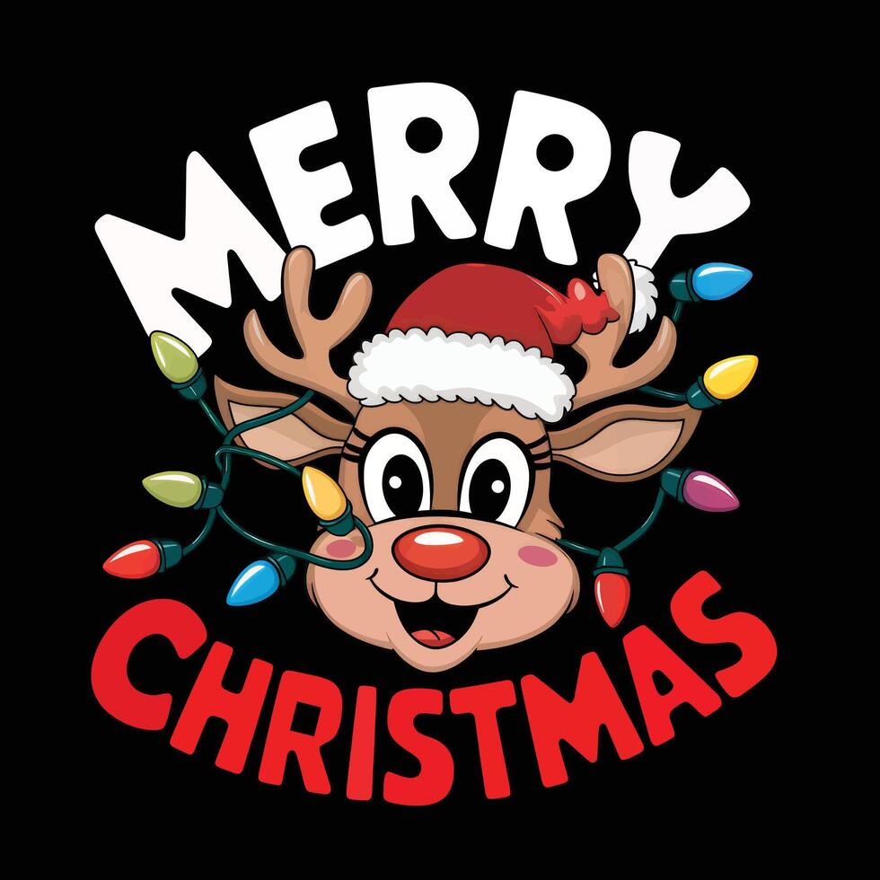 Cute cartoon Rudolph the Reindeer with colorful lights and a Santa hat, spreading Christmas cheer with a Merry Christmas message vector