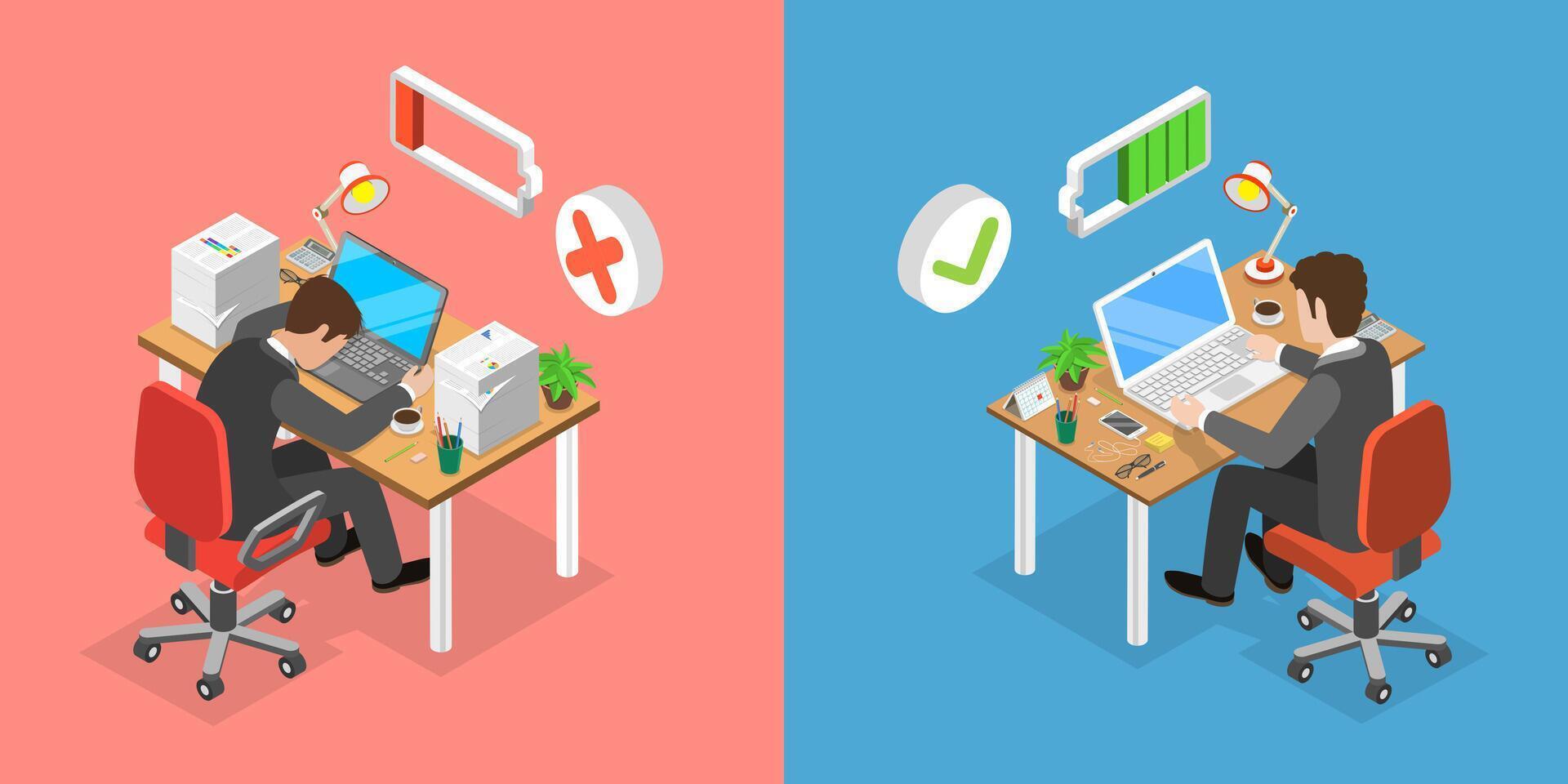 3D Isometric Flat Conceptual Illustration of Healthy Vs Burnout Employee vector