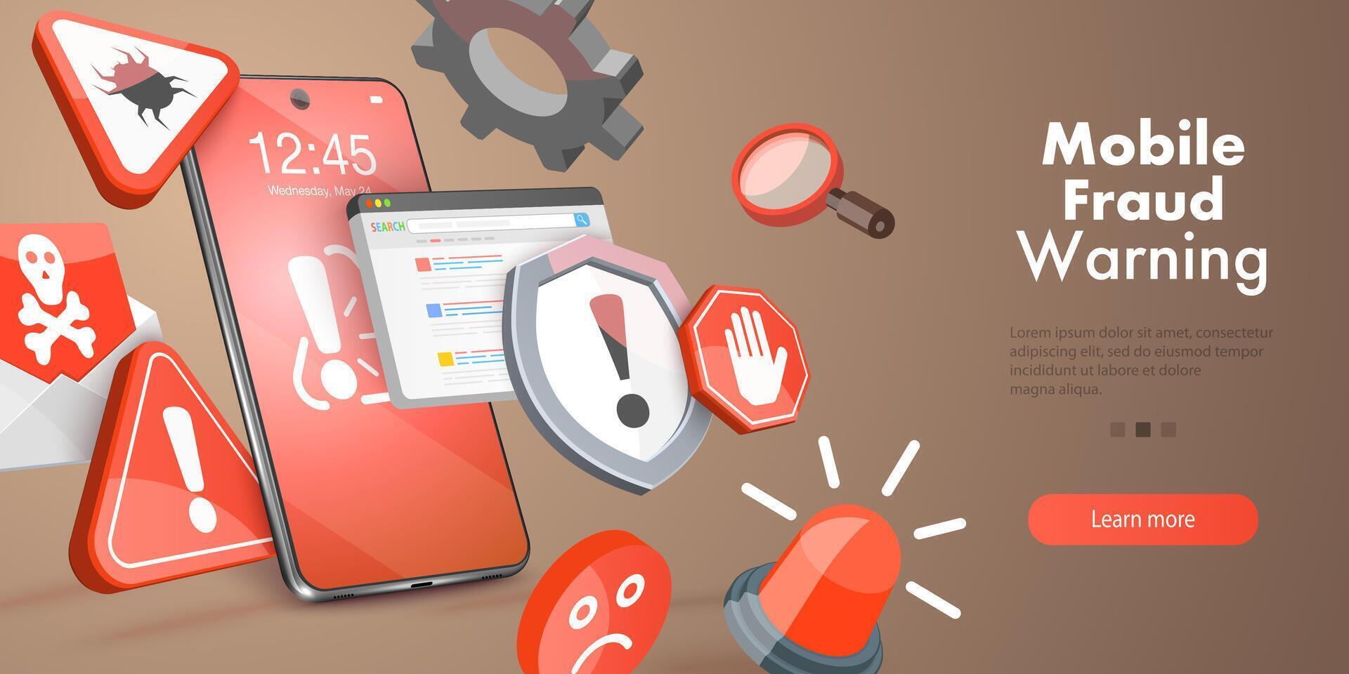 3D Conceptual Illustration of Mobile Fraud Warning vector