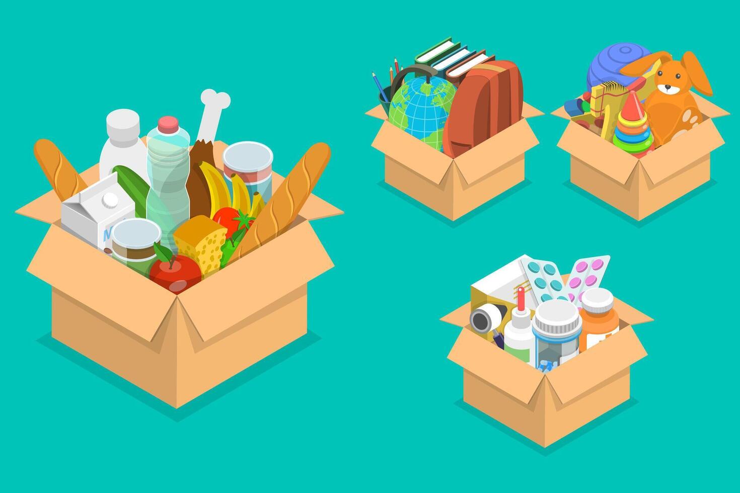3D Isometric Flat Conceptual Illustration of Cardboard Donation Boxes vector
