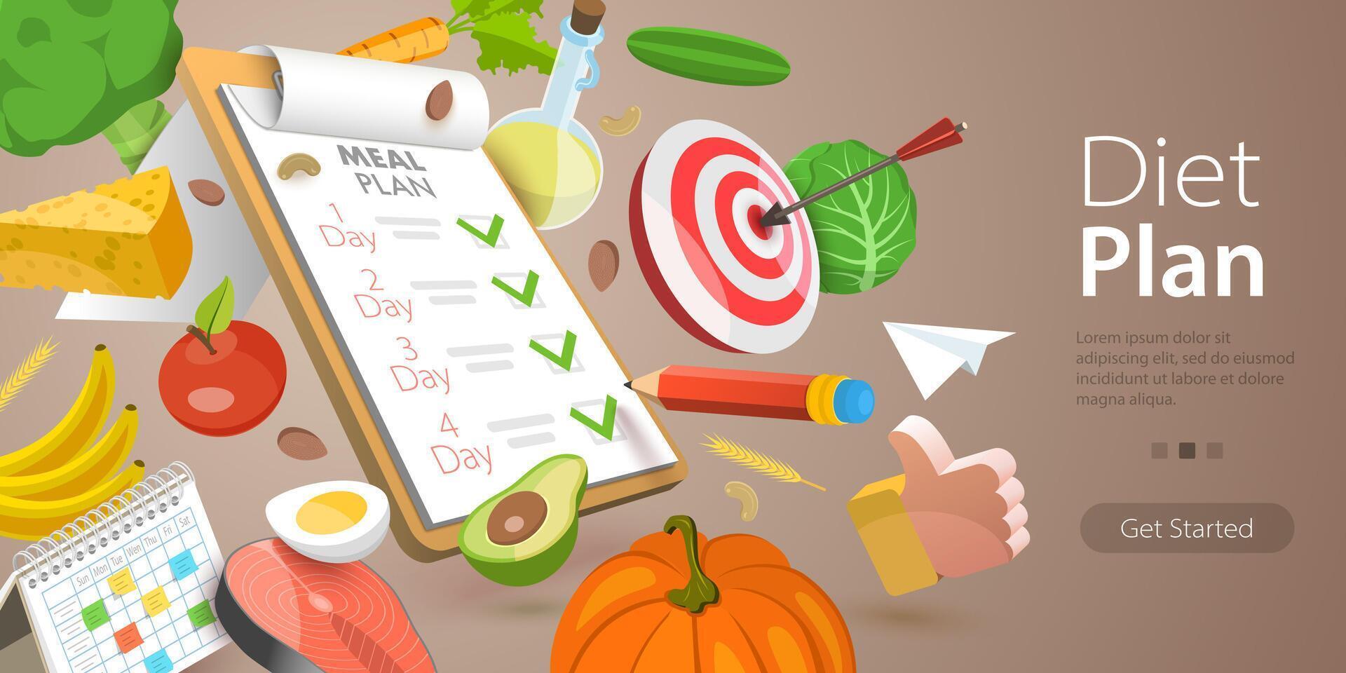 3D Conceptual Illustration of Diet Plan, Healthy Nutrition Program vector