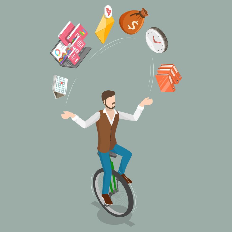 3D Isometric Flat Conceptual Illustration of Successful Multitasking Businessman. vector