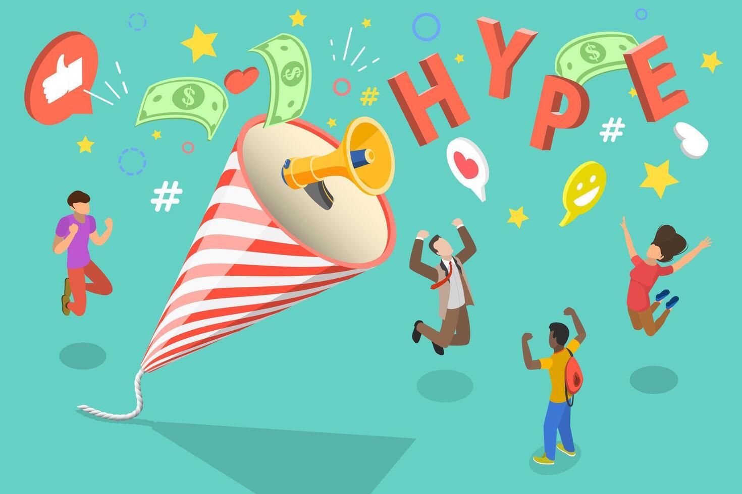 3D Isometric Flat Conceptual Illustration of Hype Marketing. vector