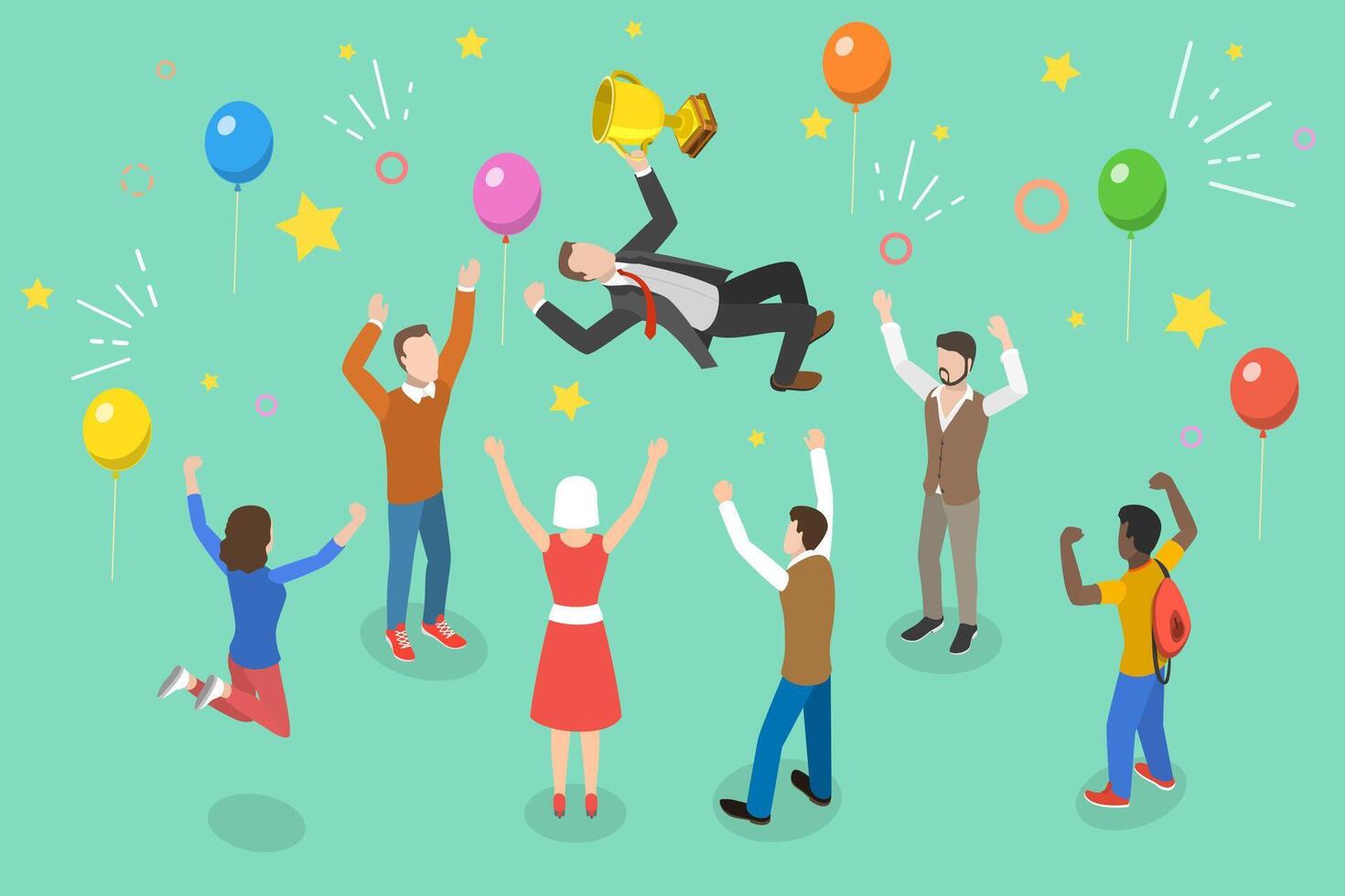 3D Isometric Flat Conceptual Illustration of Group of People are Celebrating an Achievement vector