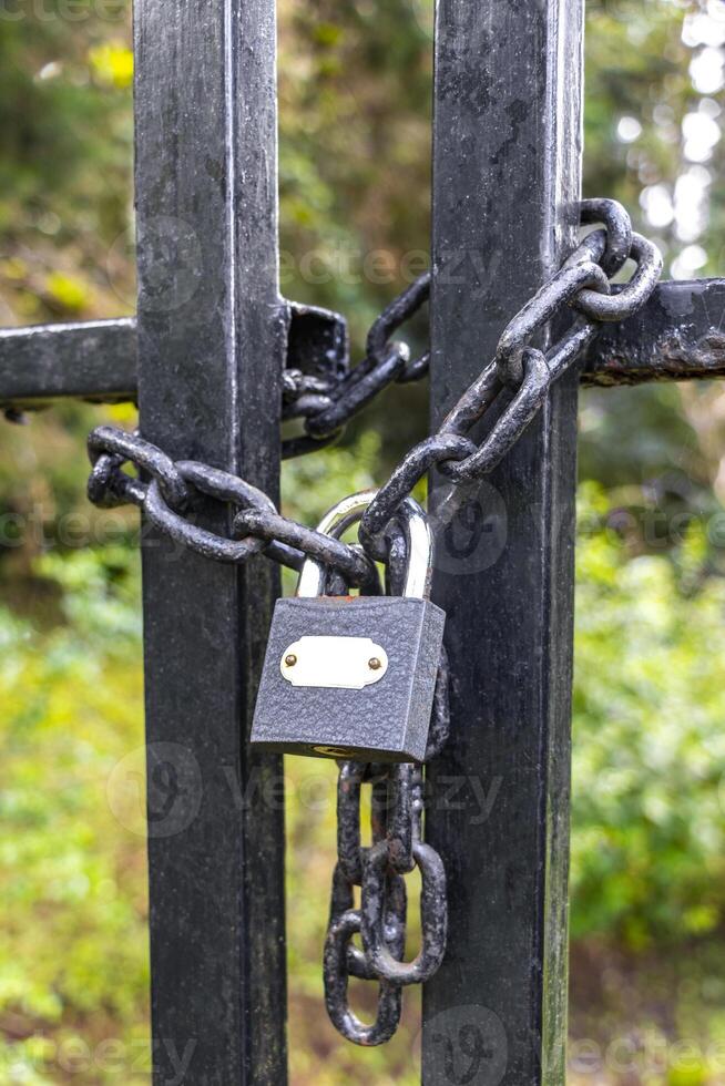Nature locked up behind bars and gate with a lock. photo