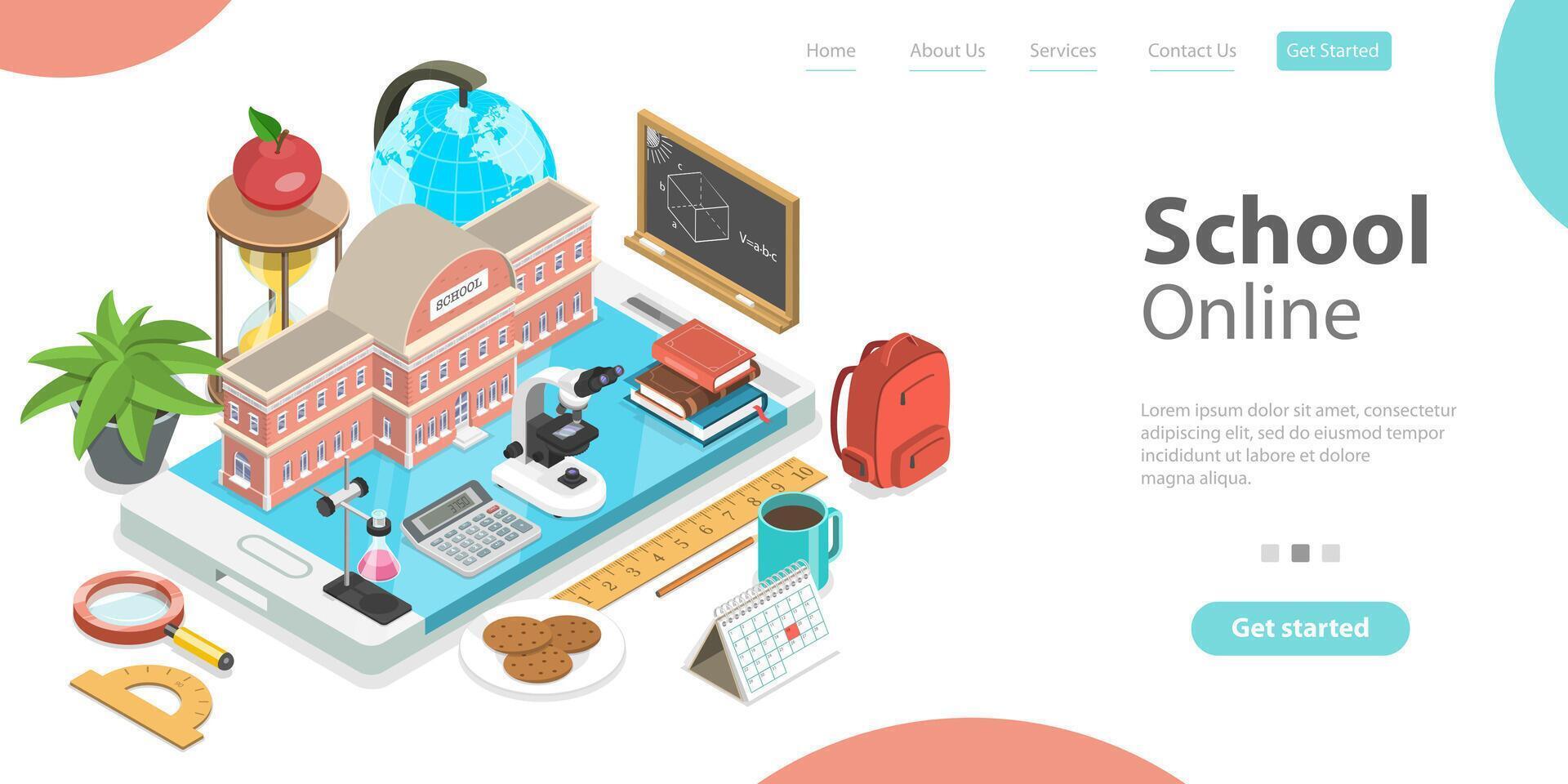 3d Online School Concept, Landing Page Template for Website. vector
