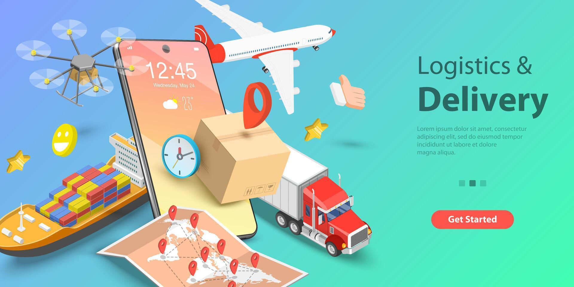 3D Isometric Flat Conceptual Illustration of Smart Logistics. vector