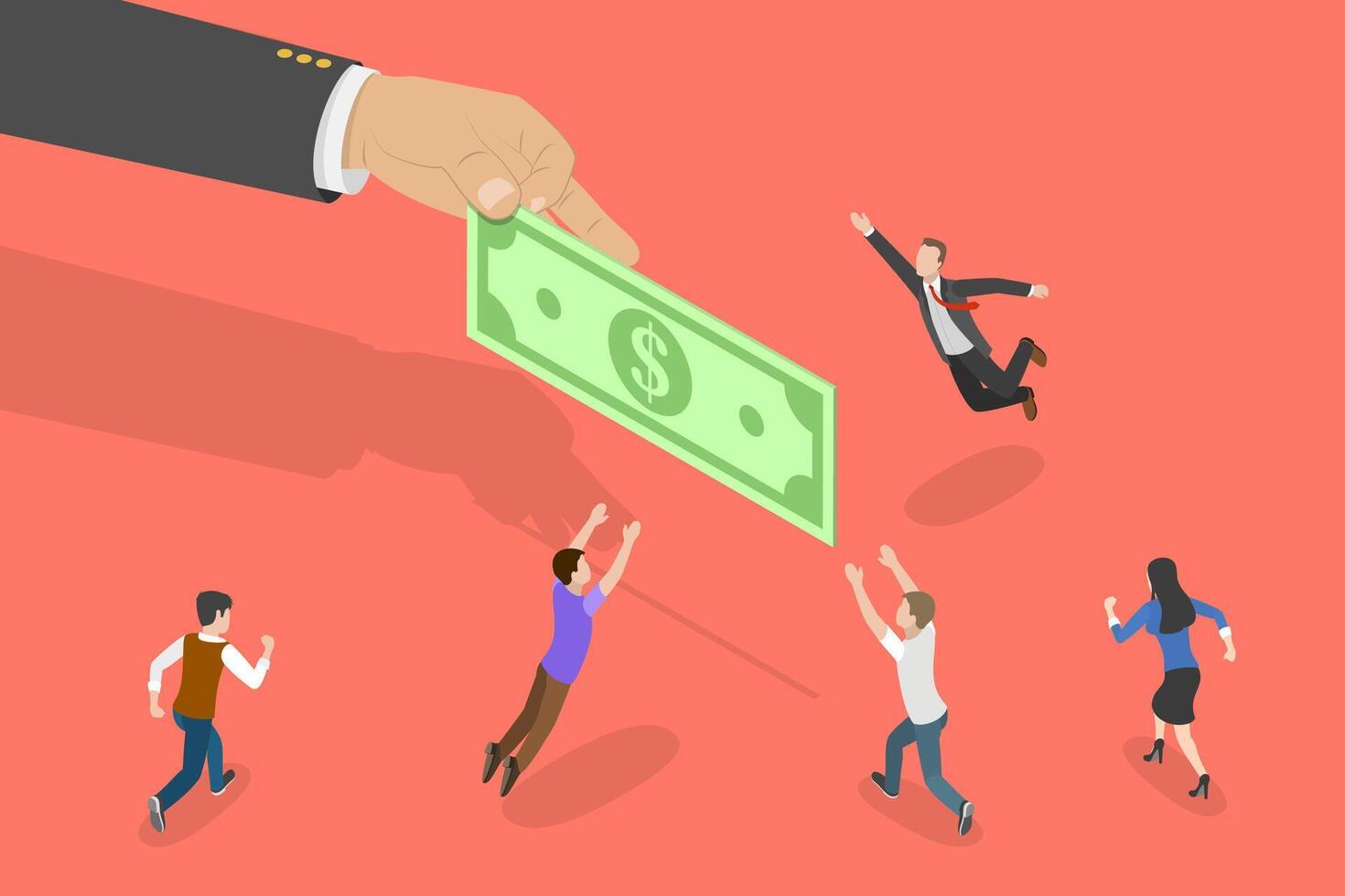 3D Isometric Flat Conceptual Illustration of Chasing Money. vector