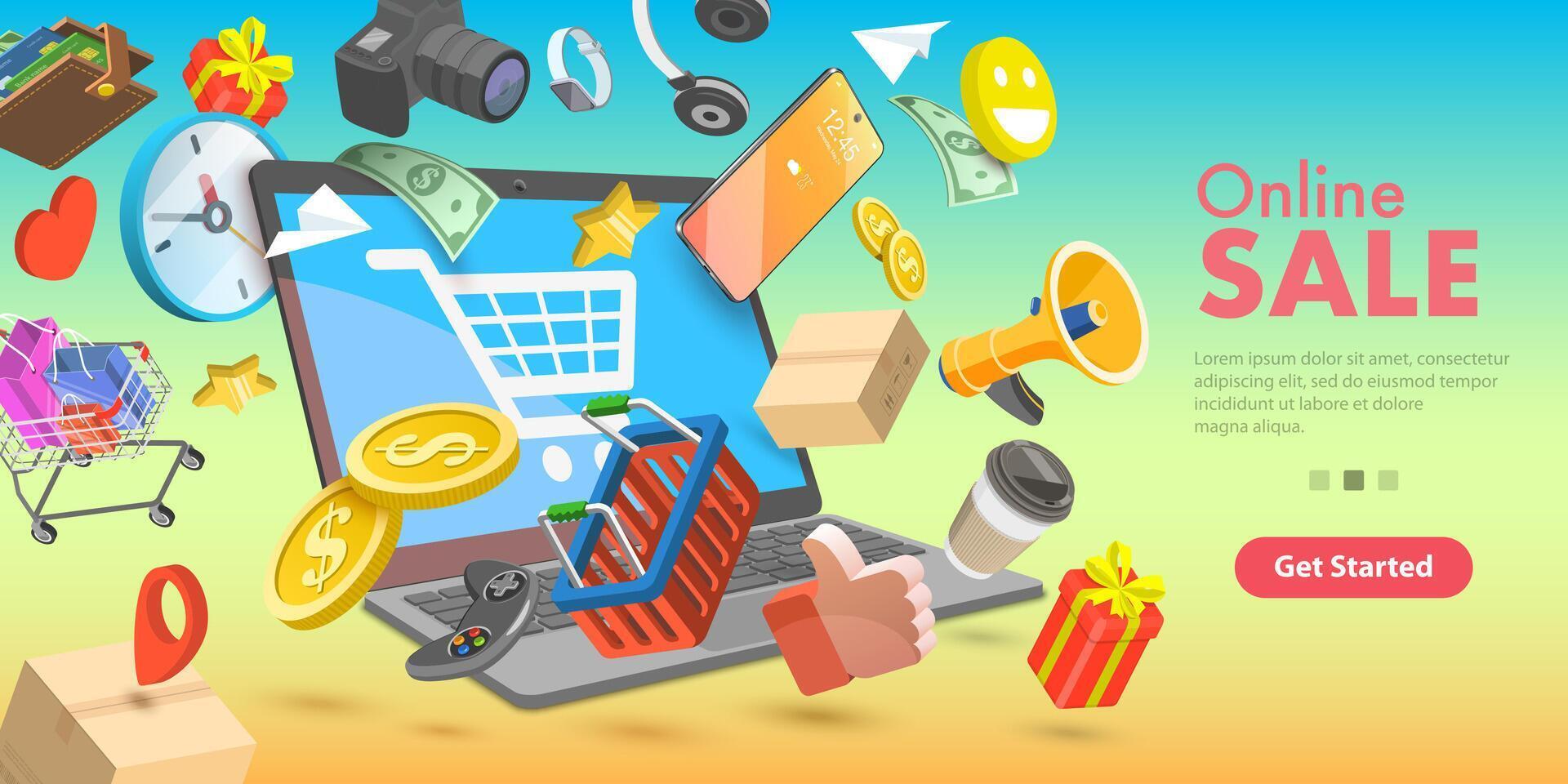 3D Isometric Flat Conceptual Illustration of Finding Online Shopping Bargains vector