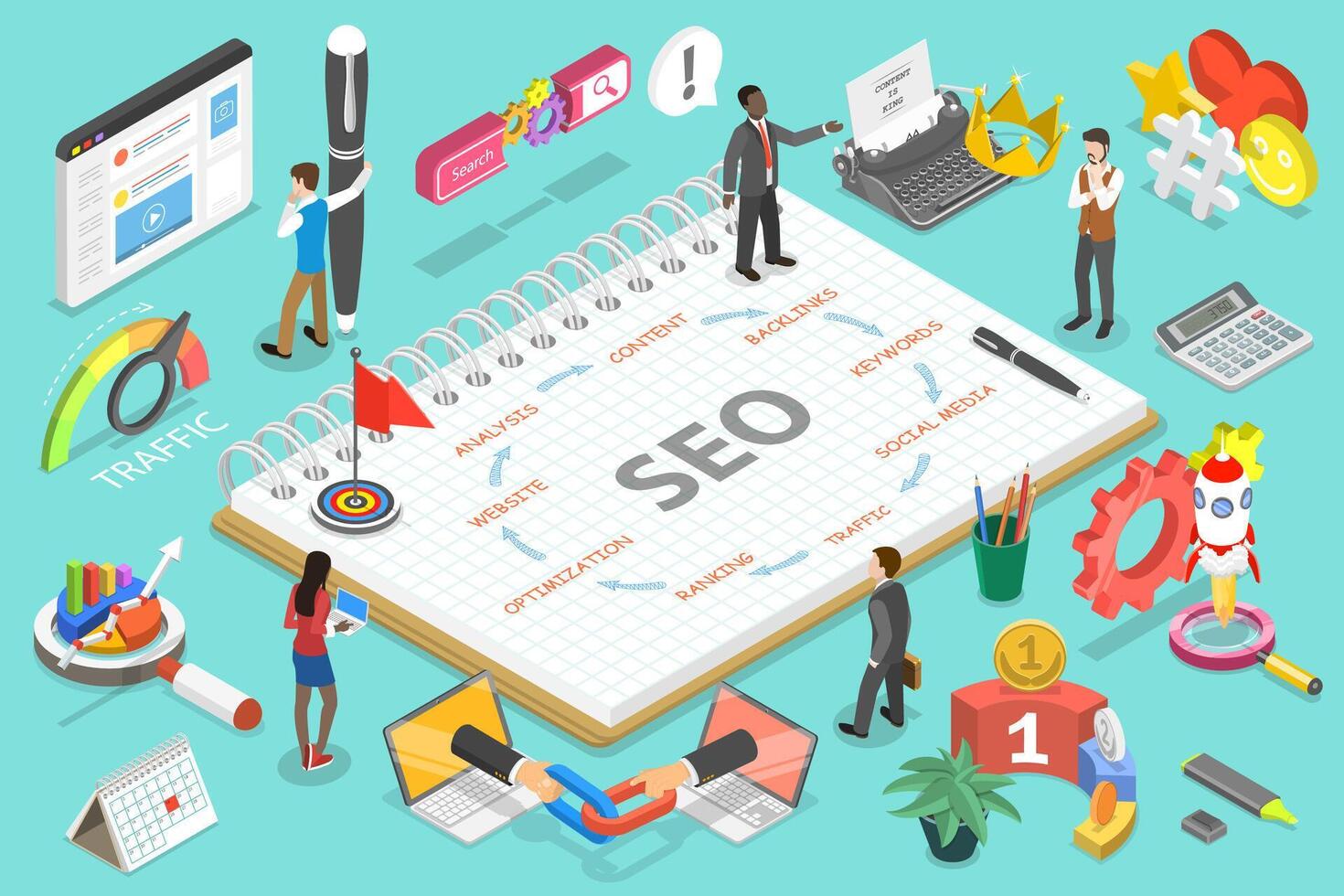 3D Isometric Flat Conceptual Illustration of Search Engine Optimization Steps. vector