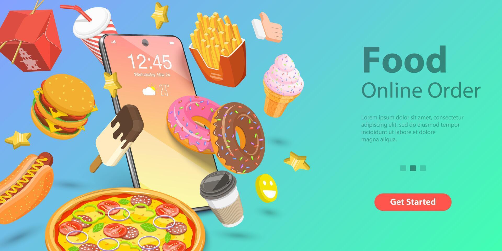 3D Isometric for Restaurant and Cafe Online Food Ordering Web Service. vector