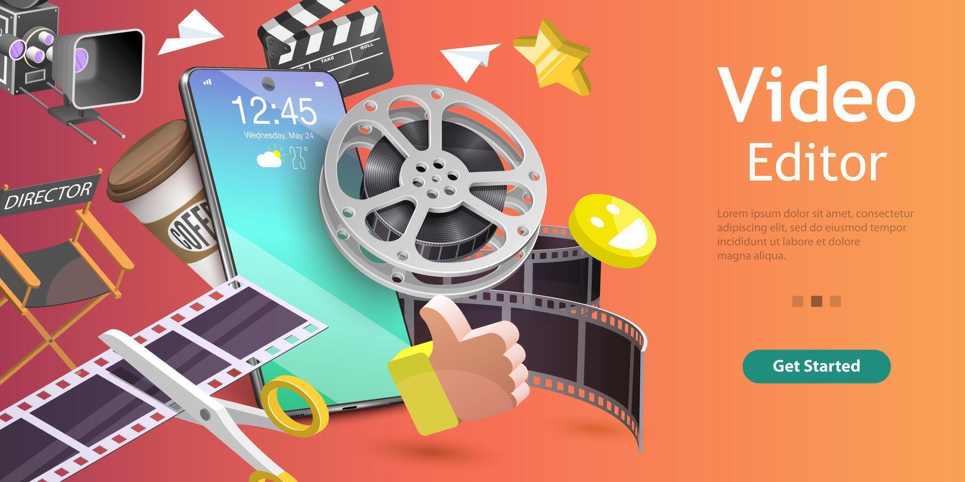 3D Isometric Flat Conceptual Illustration of Mobile Editing App. vector