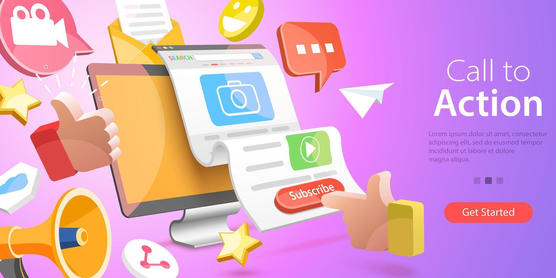 3D Isometric Flat Conceptual Illustration of CTA - Call to Action vector