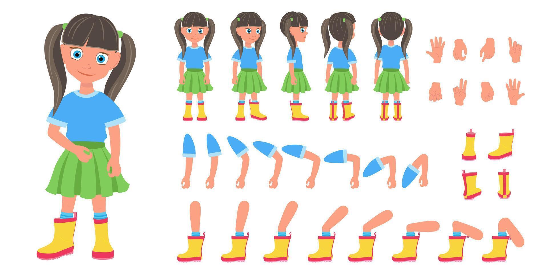 Flat Illustration of Kid Girl Cartoon Character Set For Animation vector