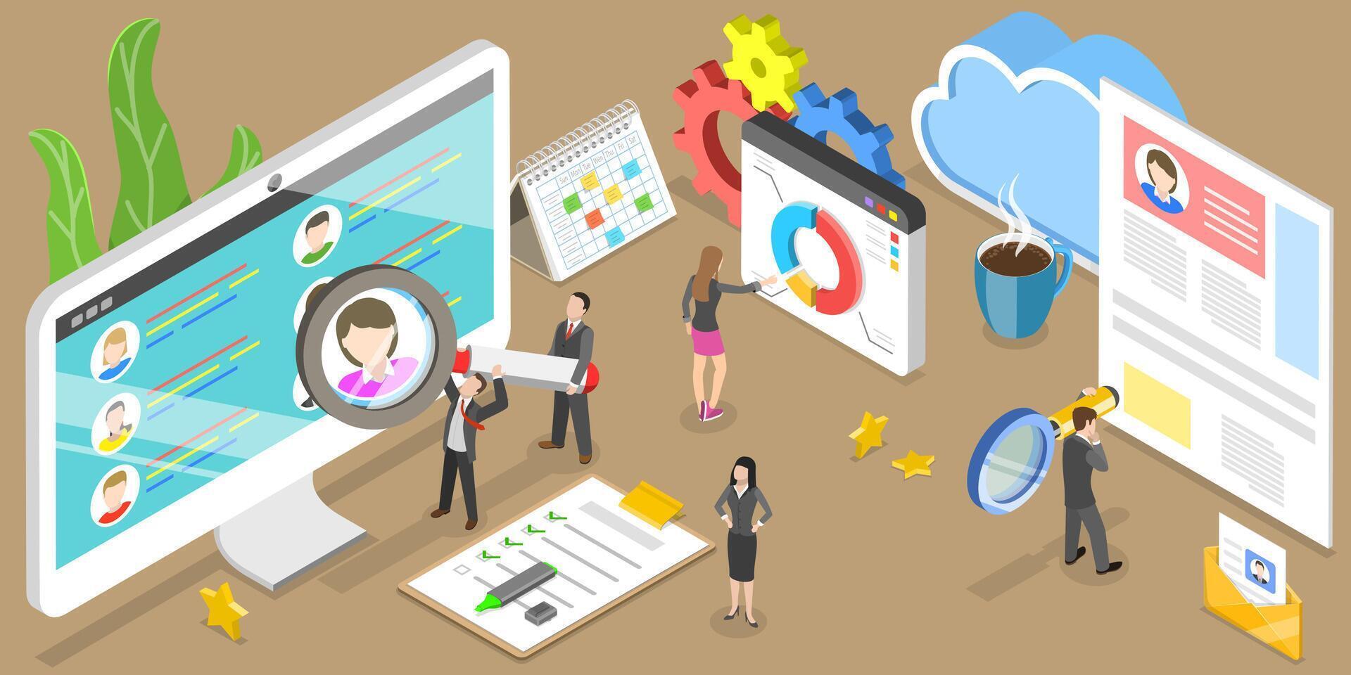 3D Isometric Flat Conceptual Illustration of Client Profile Data Analysis vector