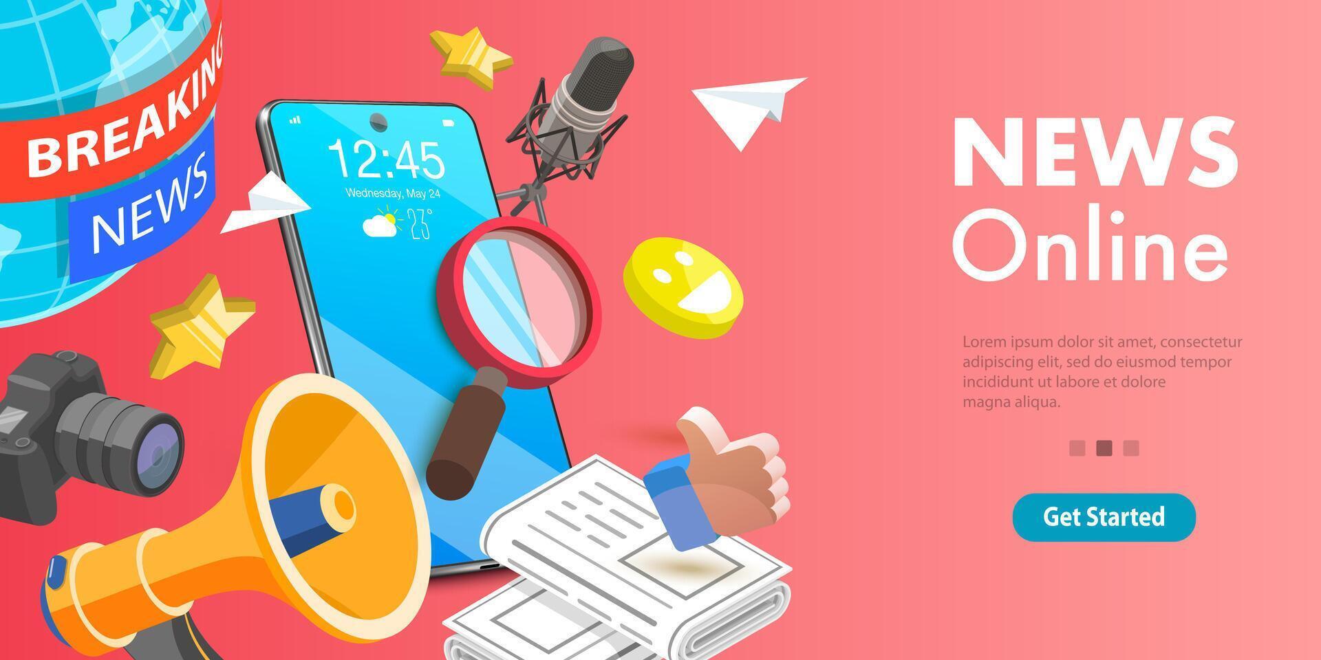 3D Isometric Flat Conceptual Illustration of Online News App. vector