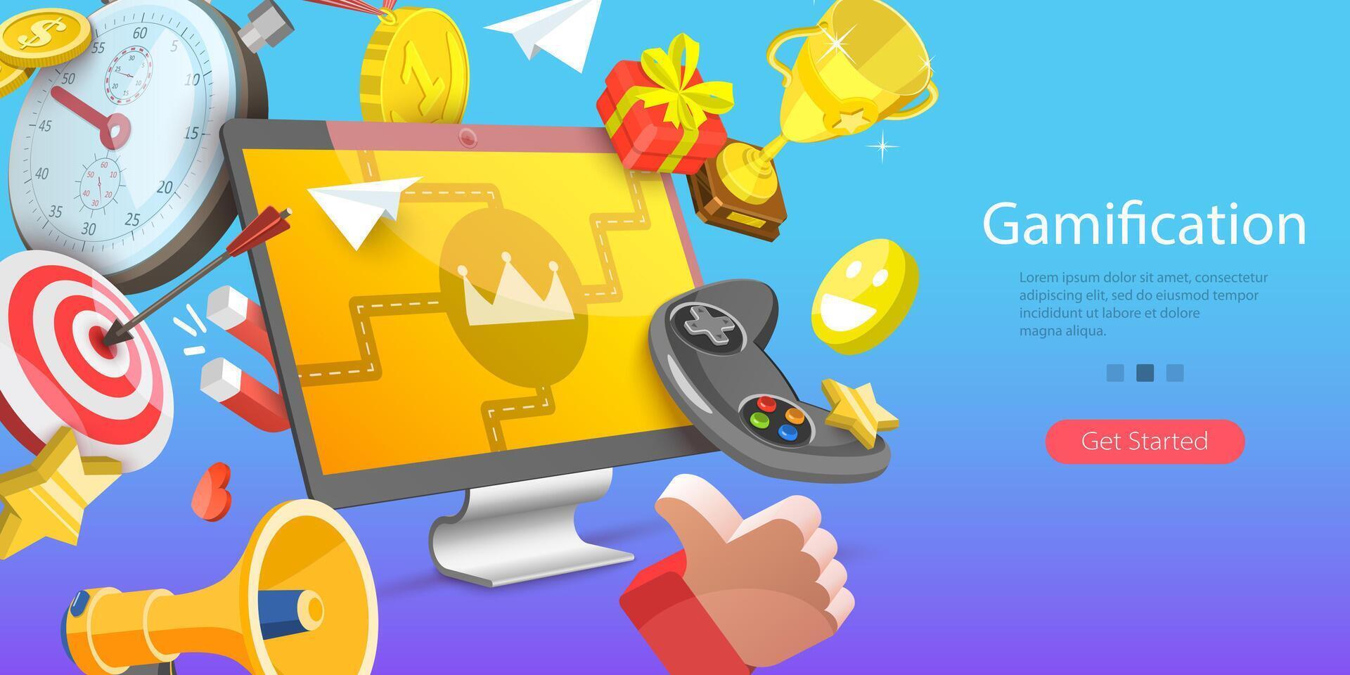 3D Isometric Flat Conceptual Illustration of Online Gamification Campaign vector