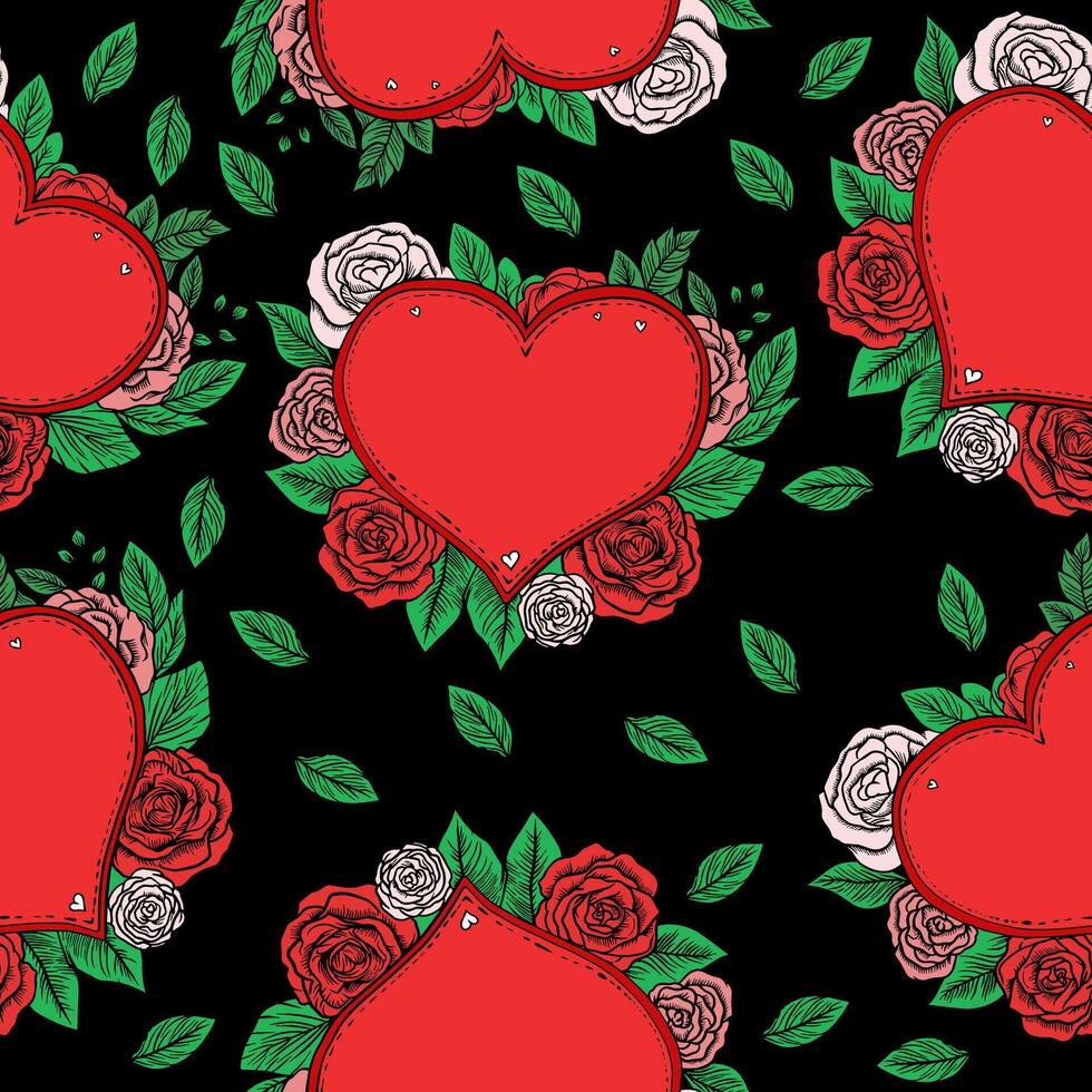 seamless pattern with hand drawn heart and rose flower image in flat style vector