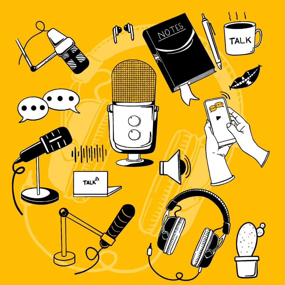 hand drawn doodle with podcast related items theme isolated yellow background vector