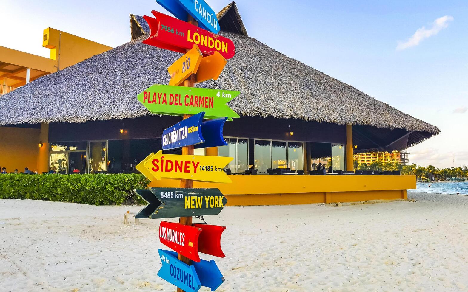 Playa del Carmen Quintana Roo Mexico 2021 Colorful direction signs to many places in Mexico. photo
