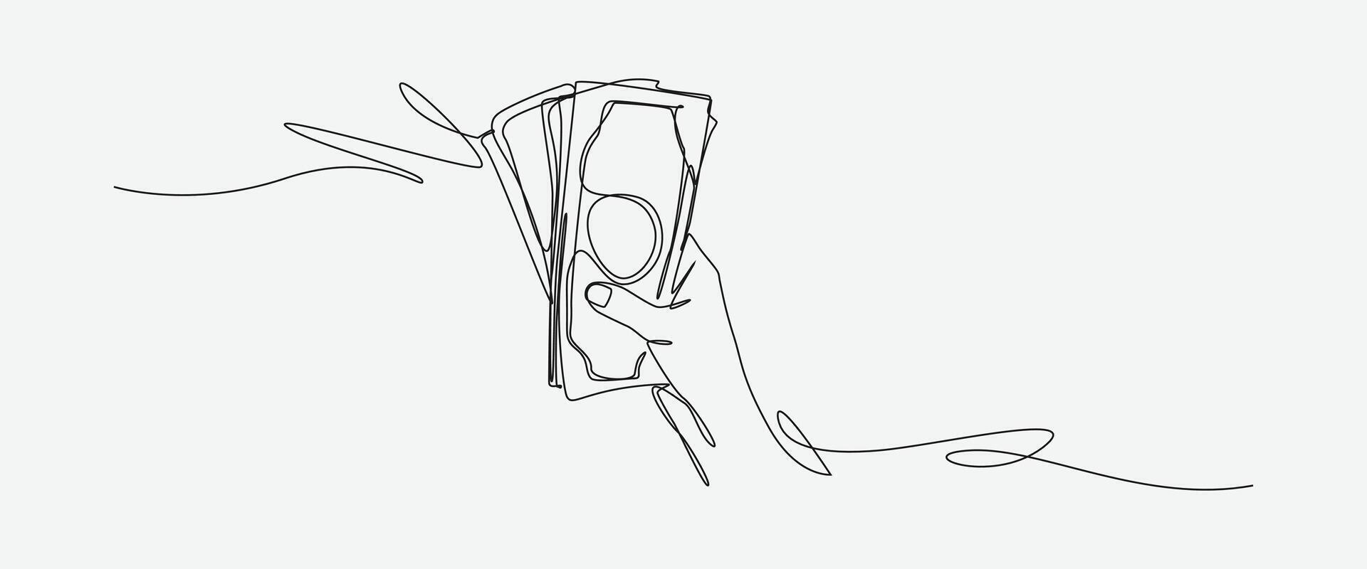 Hand holding banknotes in a continuous one line drawing style. Editable line illustration. vector