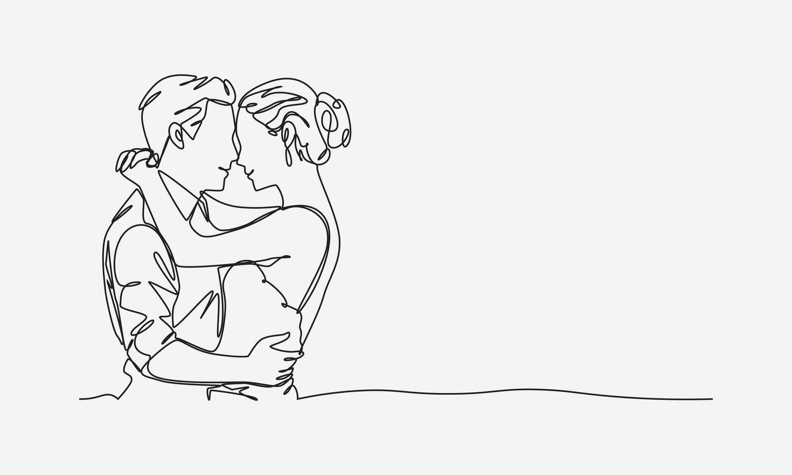 Continuous one line drawing of romantic couple hugging. Editable line illustration. vector