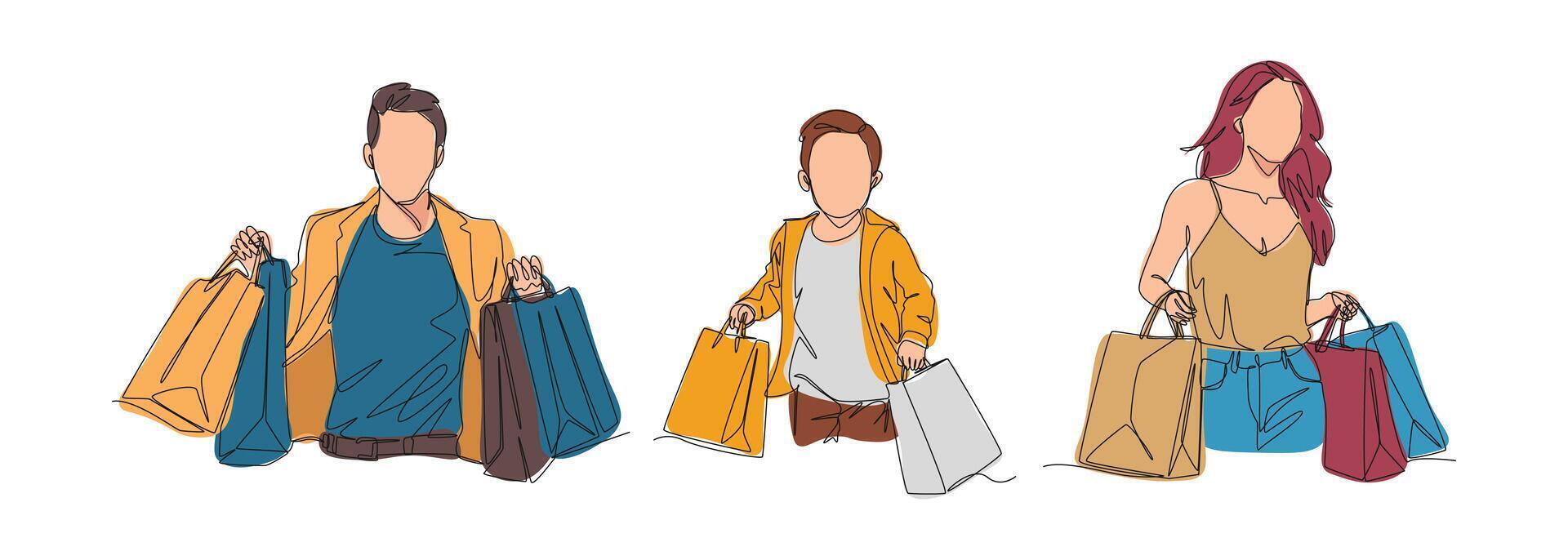 Set continuous one line drawing of people shopping. Men, women, and kid carrying shopping bag. Editable line and colored illustration. vector