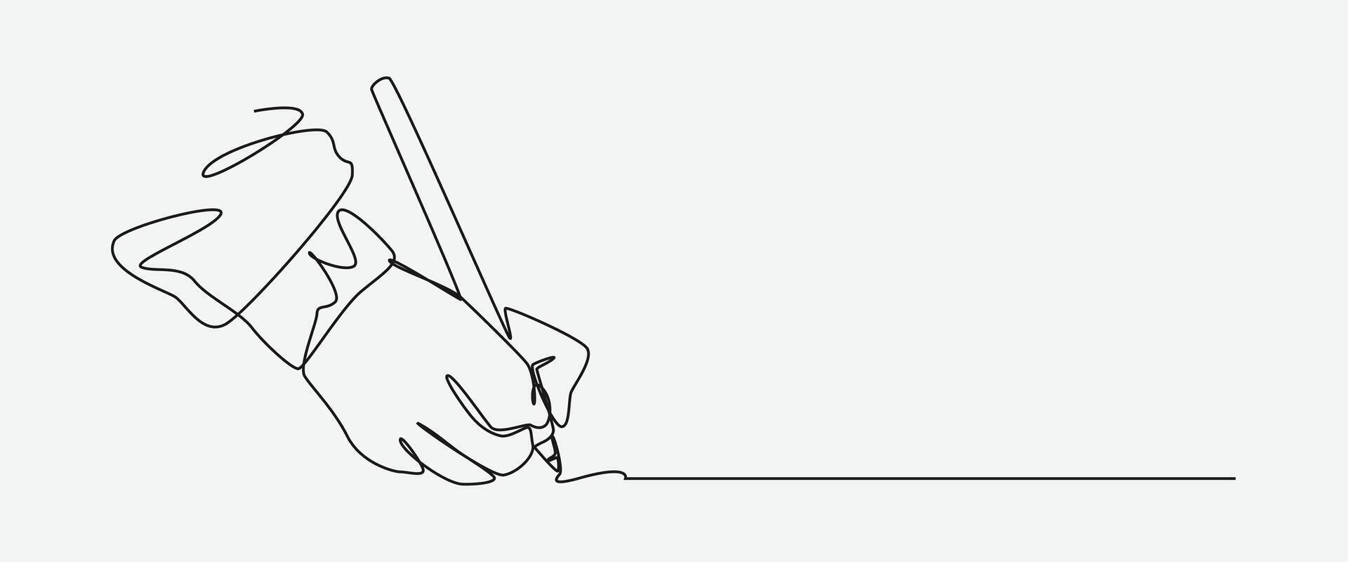 Continuous one line drawing of human hand writing using a pencil. Editable line. Isolated background illustration. vector