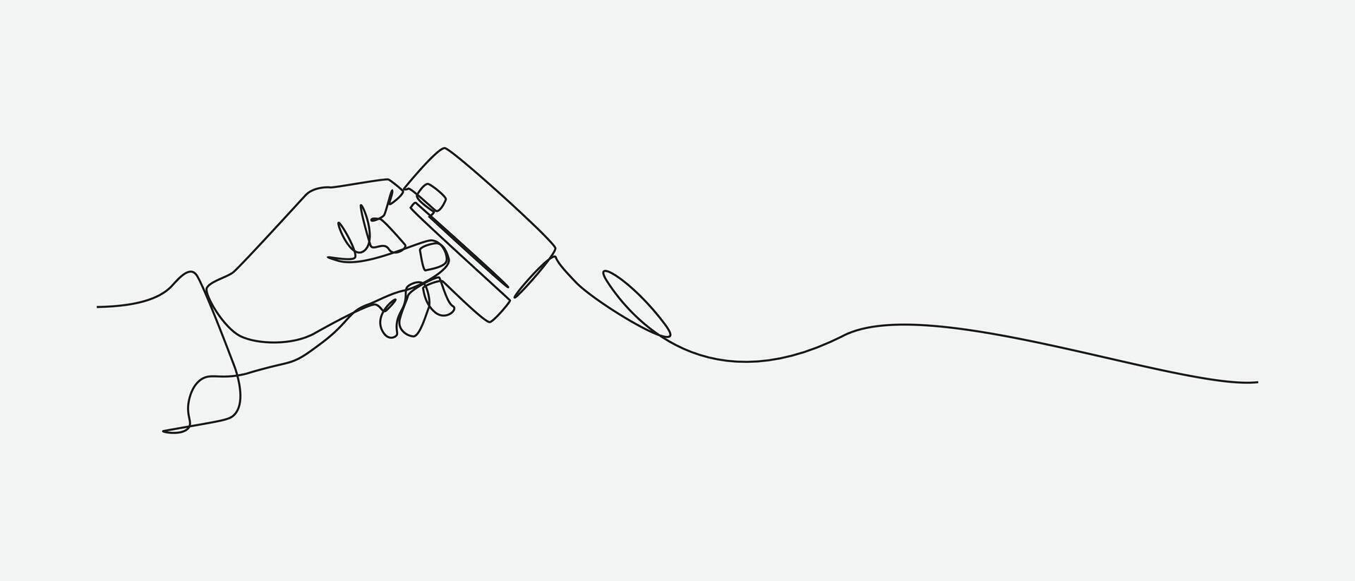 Hand holding credit card in a continuous one line drawing style. Editable line illustration. vector