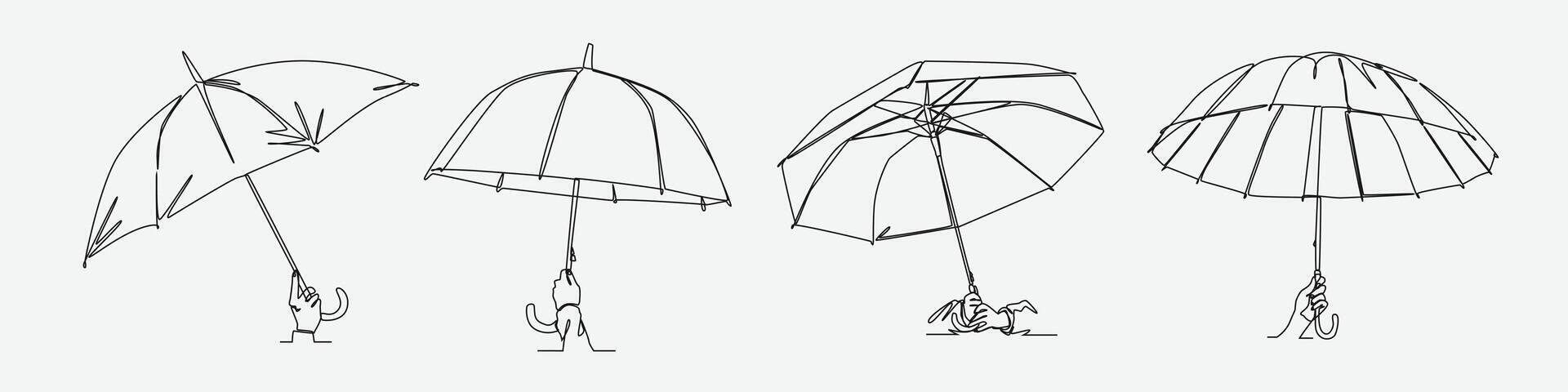 Collection of continuous one line drawing of hands holding umbrella. Editable line illustration. vector