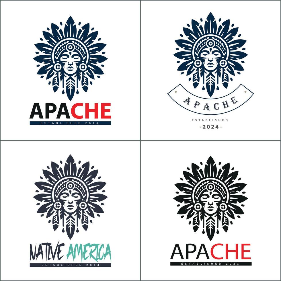 Apache indian aztec native american warrior tribes face head logo set silhouette template design vector
