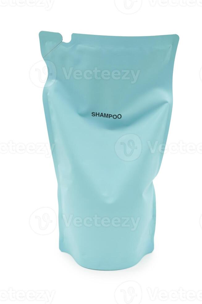 Refill packet or bag. Zero waste. Reuse reduce recycle concept. refill liquid soap, shampoo and other products. Plastic packaging for refill pouch isolated on white background. Clipping path. photo
